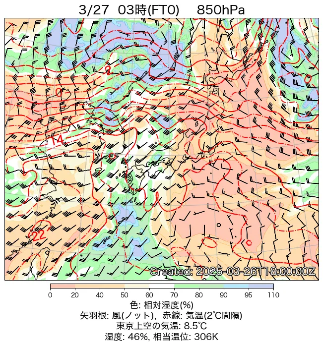 2025年3月27日の日本周辺の850hPa天気図（3時）