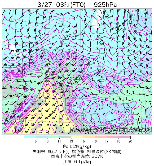 2025年3月27日の日本周辺の925hPa天気図（3時）