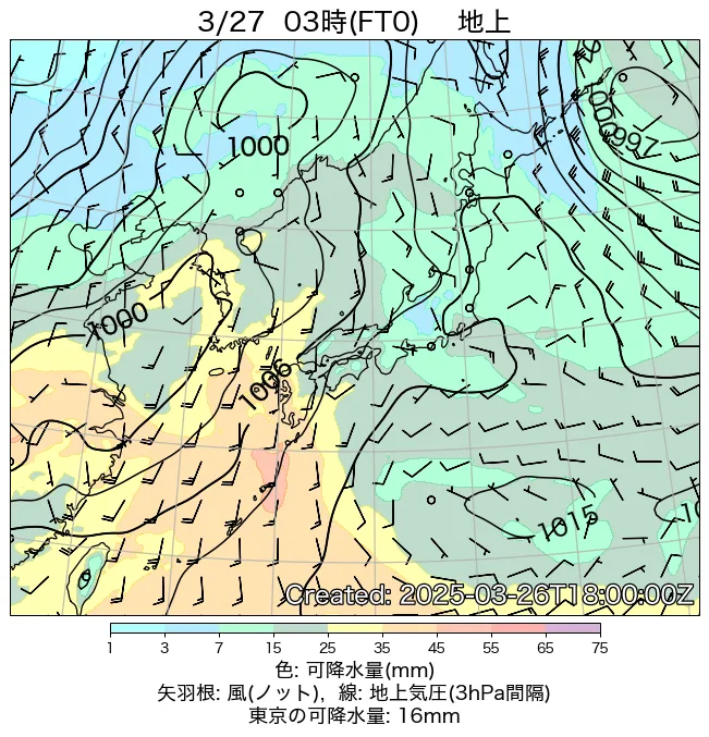 2025年3月27日の日本周辺の地上天気図（3時）