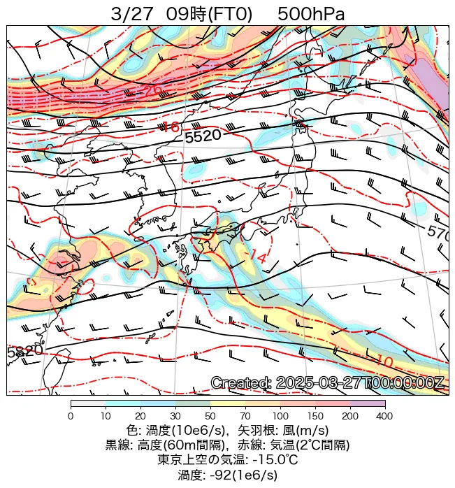 2025年3月27日の日本周辺の500hPa天気図（9時）