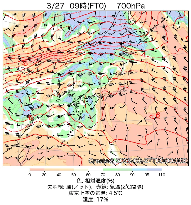 2025年3月27日の日本周辺の700hPa天気図（9時）