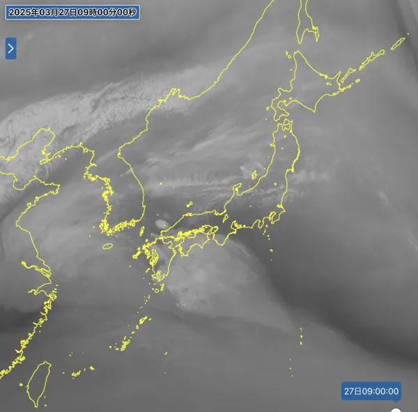 2025年3月27日9時の日本周辺の衛星水蒸気画像