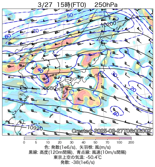 2025年3月27日の日本周辺の250hPa天気図（15時）
