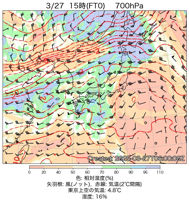 2025年3月27日の日本周辺の700hPa天気図（15時）