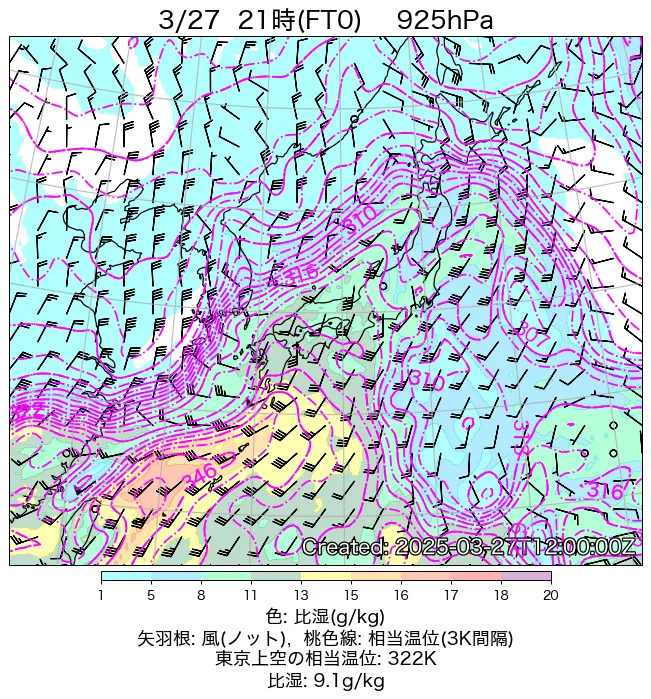 2025年3月27日の日本周辺の925hPa天気図（21時）