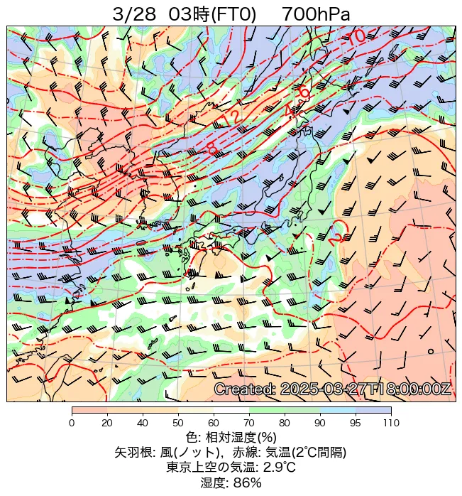 2025年3月28日の日本周辺の700hPa天気図（3時）