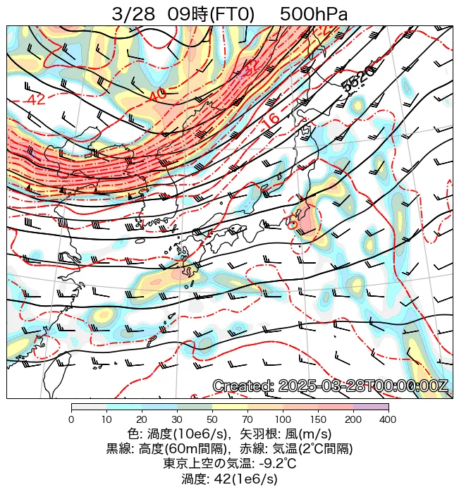 2025年3月28日の日本周辺の500hPa天気図（9時）