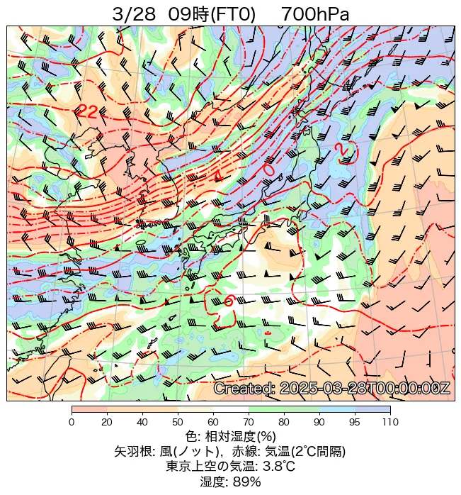 2025年3月28日の日本周辺の700hPa天気図（9時）