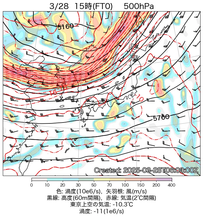 2025年3月28日の日本周辺の500hPa天気図（15時）