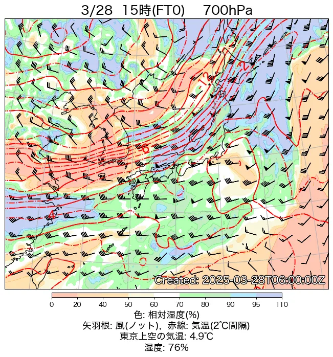 2025年3月28日の日本周辺の700hPa天気図（15時）