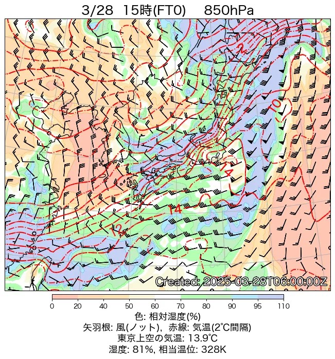 2025年3月28日の日本周辺の850hPa天気図（15時）