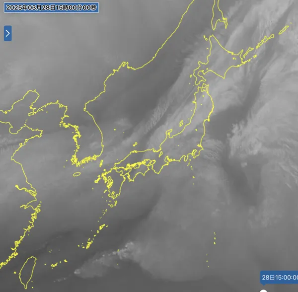 2025年3月28日15時の日本周辺の衛星水蒸気画像
