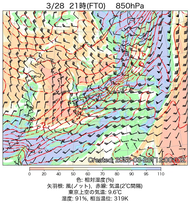 2025年3月28日の日本周辺の850hPa天気図（21時）