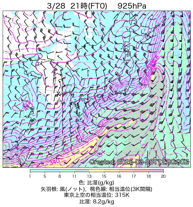 2025年3月28日の日本周辺の925hPa天気図（21時）