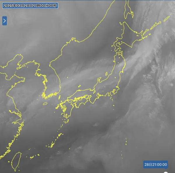 2025年3月28日21時の日本周辺の衛星水蒸気画像