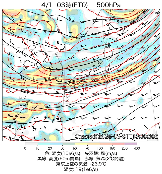 2025年4月1日の日本周辺の500hPa天気図（3時）