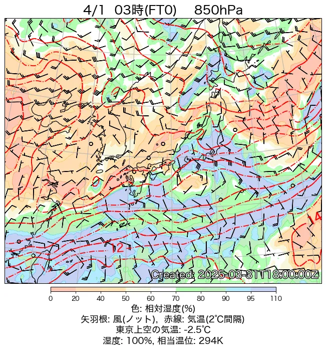 2025年4月1日の日本周辺の850hPa天気図（3時）