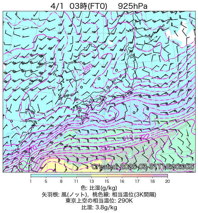 2025年4月1日の日本周辺の925hPa天気図（3時）