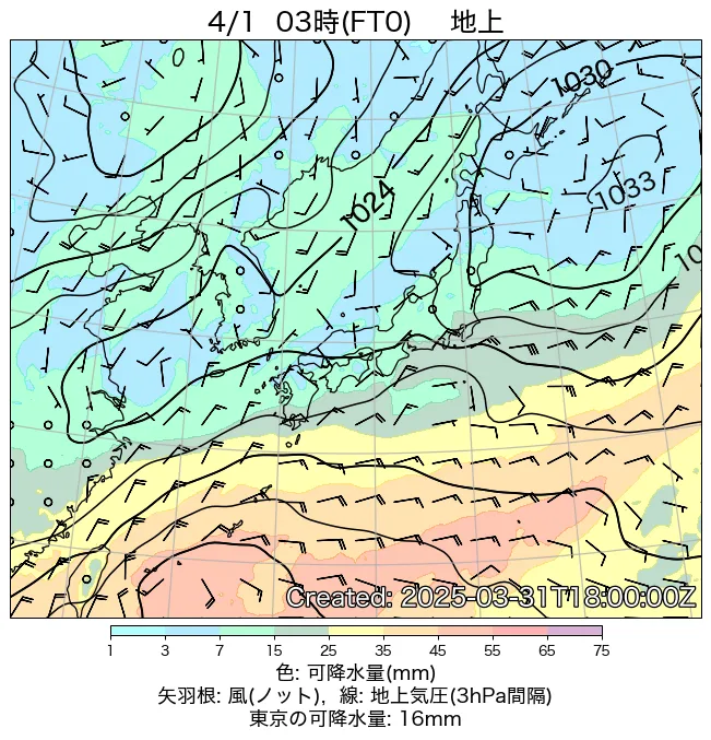 2025年4月1日の日本周辺の地上天気図（3時）