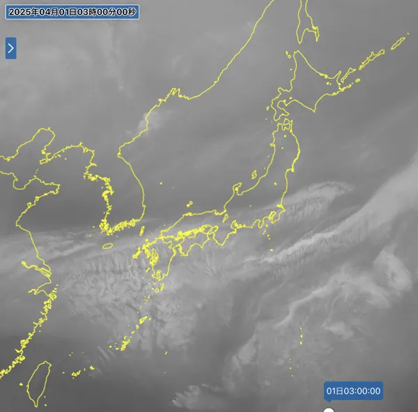 2025年4月1日3時の日本周辺の衛星水蒸気画像