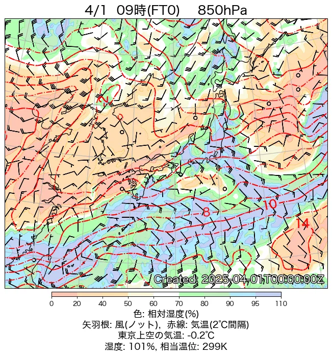 2025年4月1日の日本周辺の850hPa天気図（9時）