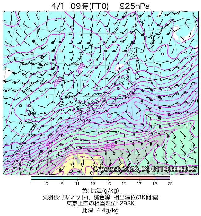 2025年4月1日の日本周辺の925hPa天気図（9時）
