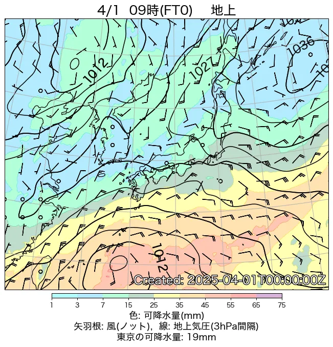 2025年4月1日の日本周辺の地上天気図（9時）
