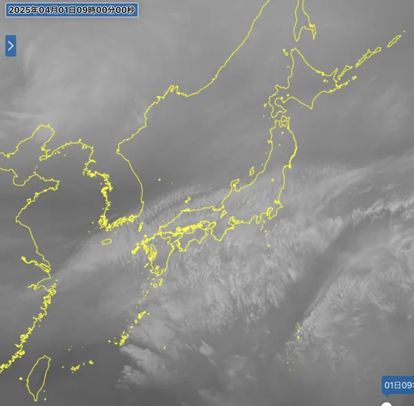 2025年4月1日9時の日本周辺の衛星水蒸気画像