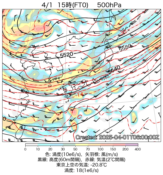 2025年4月1日の日本周辺の500hPa天気図（15時）