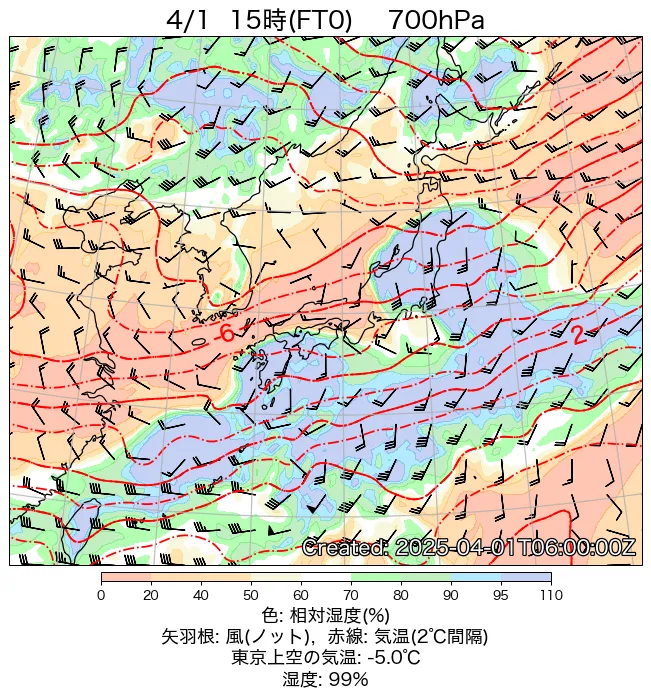 2025年4月1日の日本周辺の700hPa天気図（15時）