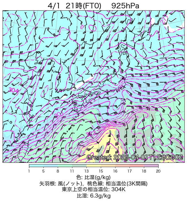2025年4月1日の日本周辺の925hPa天気図（21時）