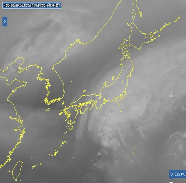 2025年4月1日21時の日本周辺の衛星水蒸気画像