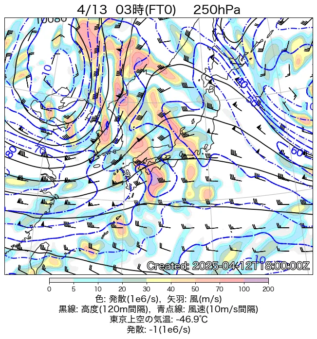 2025年4月13日の日本周辺の250hPa天気図（3時）