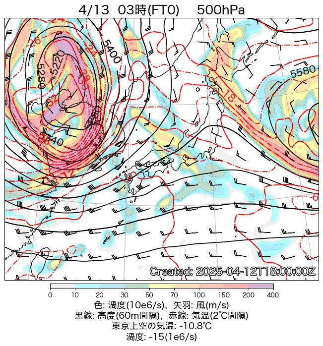 2025年4月13日の日本周辺の500hPa天気図（3時）