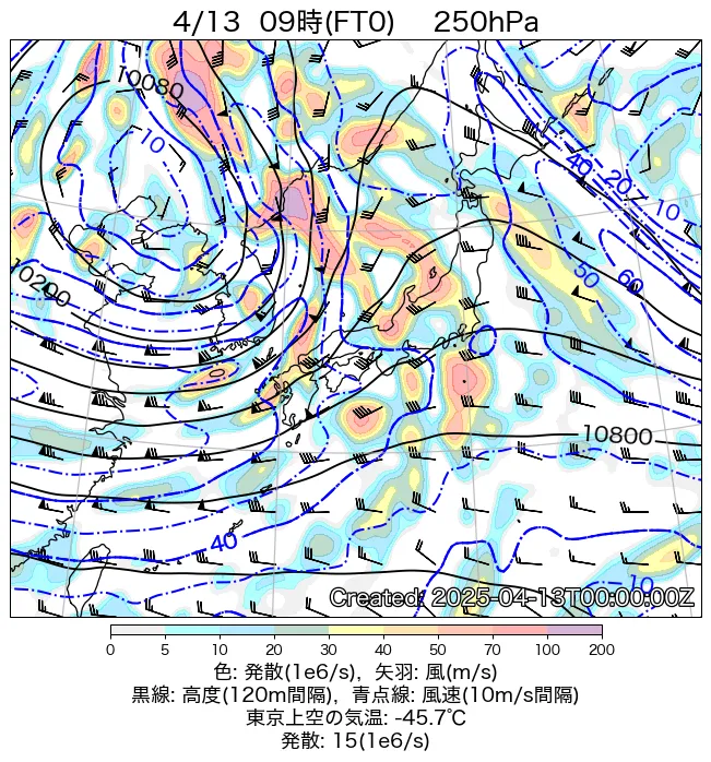 2025年4月13日の日本周辺の250hPa天気図（9時）
