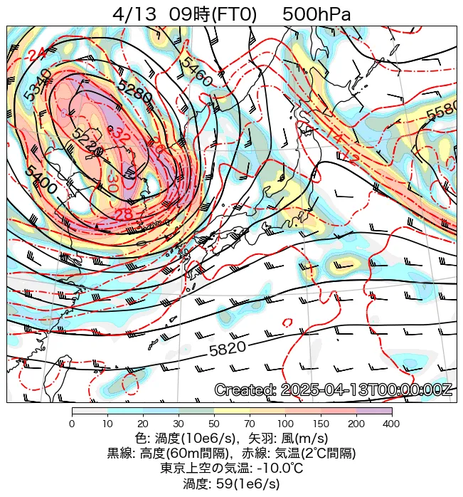 2025年4月13日の日本周辺の500hPa天気図（9時）