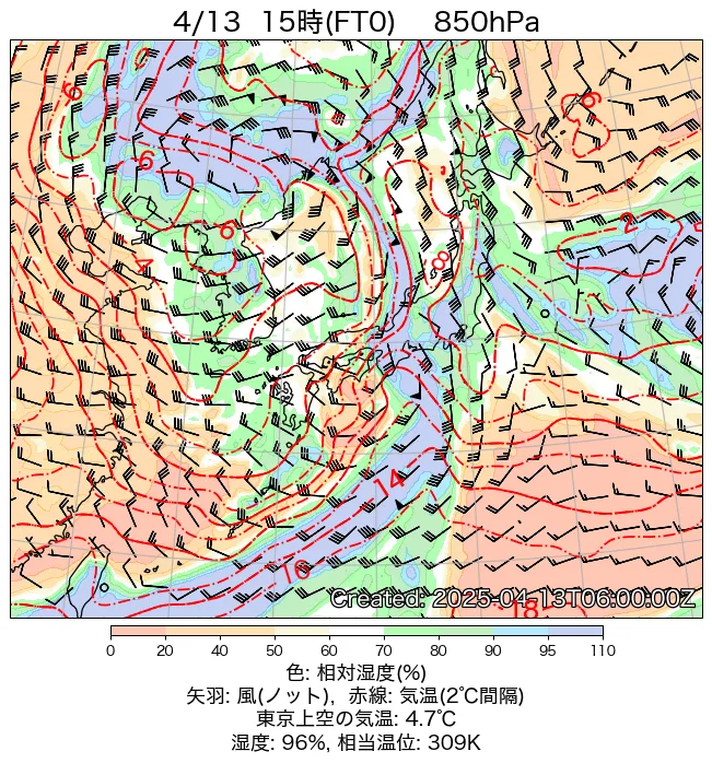 2025年4月13日の日本周辺の850hPa天気図（15時）