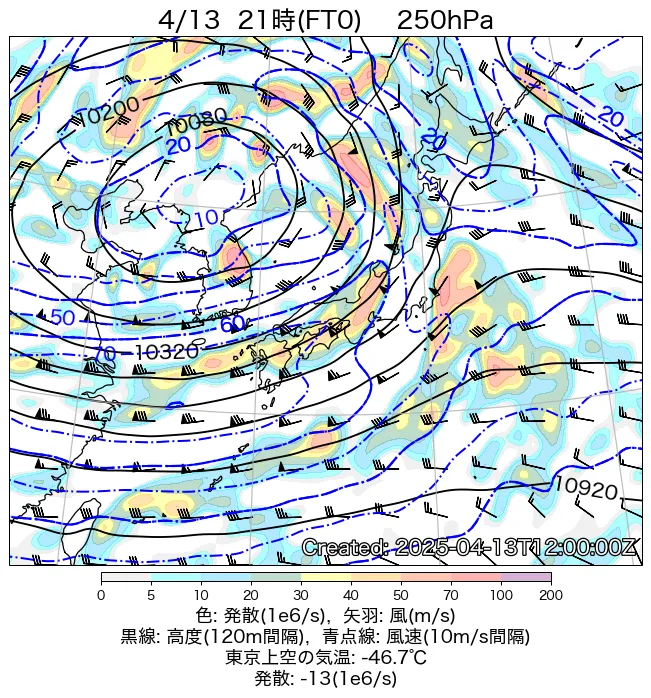 2025年4月13日の日本周辺の250hPa天気図（21時）
