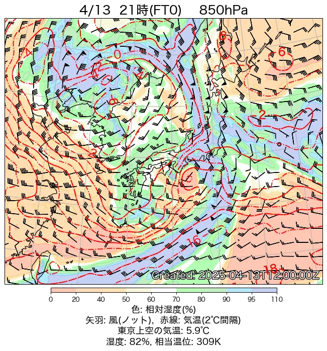 2025年4月13日の日本周辺の850hPa天気図（21時）