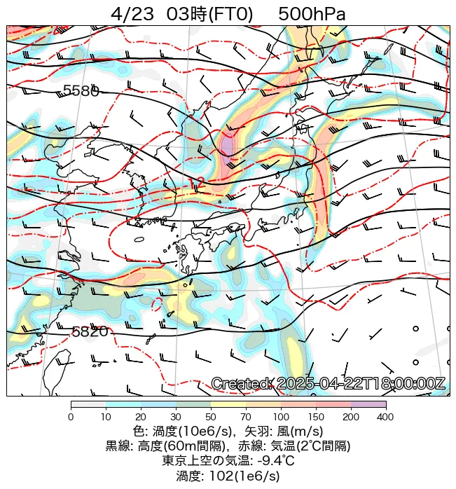 2025年4月23日の日本周辺の500hPa天気図（3時）