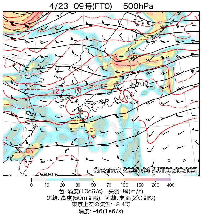 2025年4月23日の日本周辺の500hPa天気図（9時）