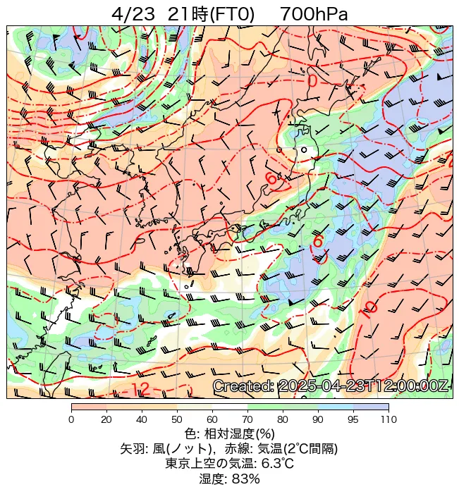 2025年4月23日の日本周辺の700hPa天気図（21時）