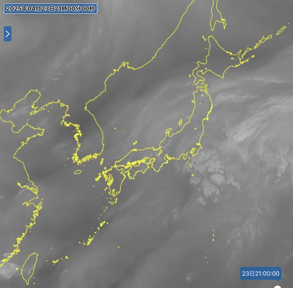 2025年4月23日21時の日本周辺の衛星水蒸気画像