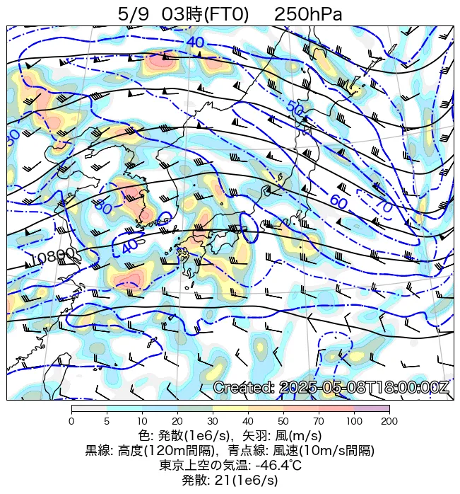 2025年5月9日の日本周辺の250hPa天気図（3時）