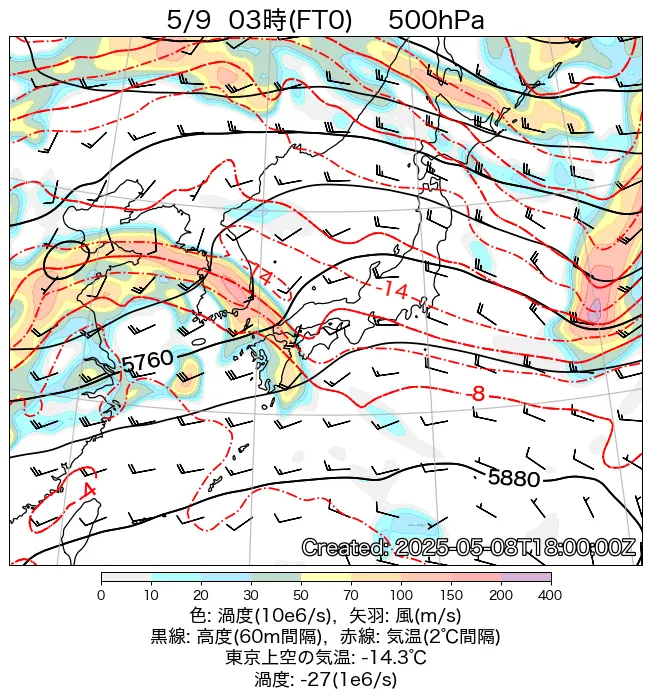 2025年5月9日の日本周辺の500hPa天気図（3時）