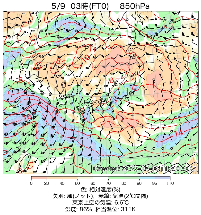 2025年5月9日の日本周辺の850hPa天気図（3時）