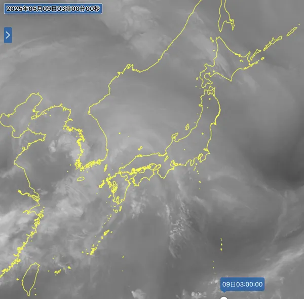 2025年5月9日3時の日本周辺の衛星水蒸気画像