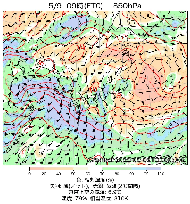 2025年5月9日の日本周辺の850hPa天気図（9時）