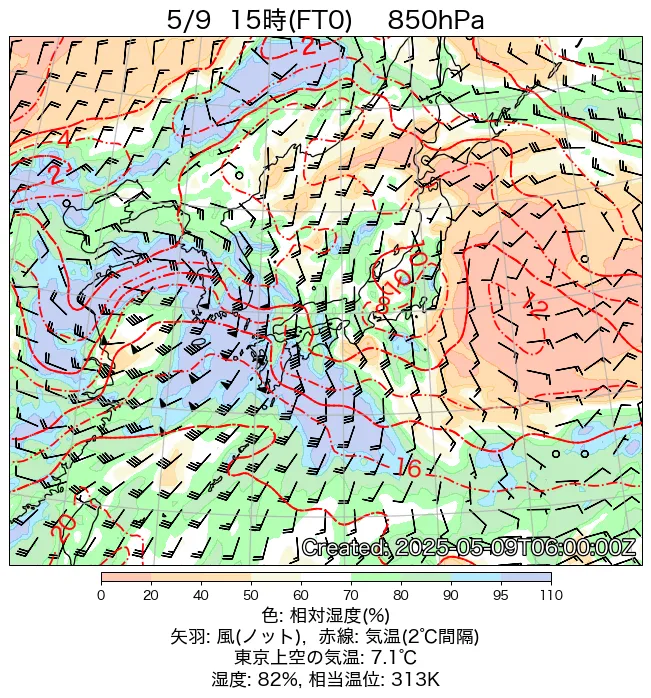 2025年5月9日の日本周辺の850hPa天気図（15時）