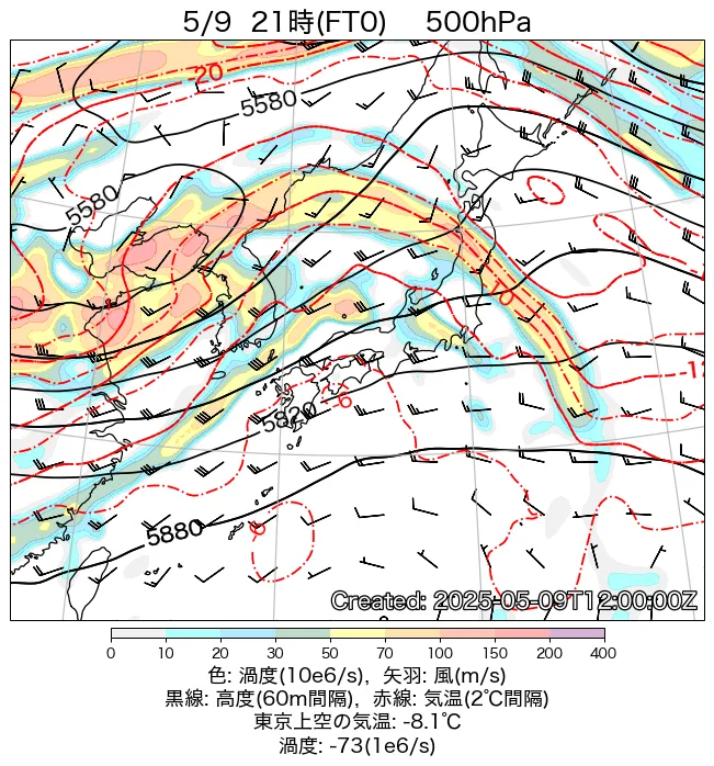 2025年5月9日の日本周辺の500hPa天気図（21時）